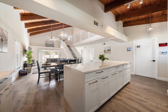 kitchen featuring white cabinetry, hanging light fixtures, wood ceiling, and a center island