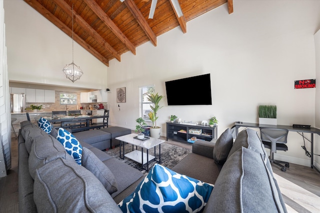 living room featuring an inviting chandelier, a healthy amount of sunlight, light hardwood / wood-style floors, and beam ceiling