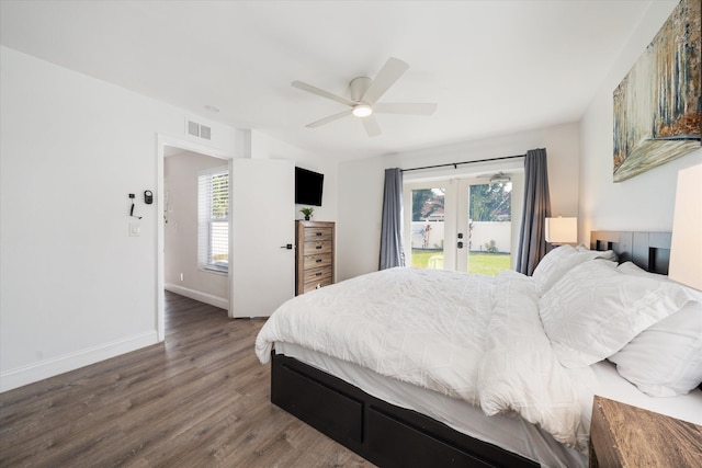 bedroom with ceiling fan, french doors, hardwood / wood-style flooring, and access to exterior