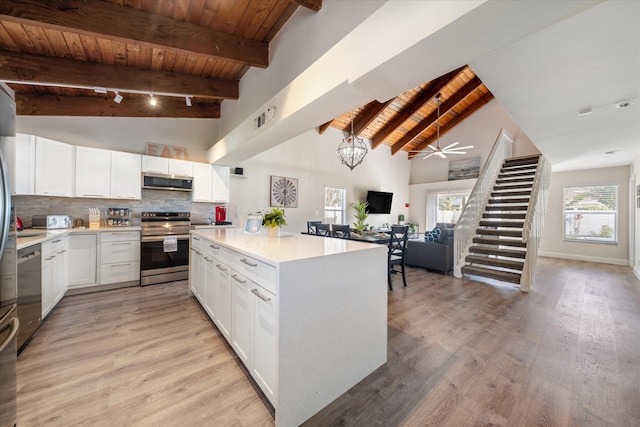 kitchen with stainless steel appliances, decorative backsplash, white cabinetry, ventilation hood, and wooden ceiling