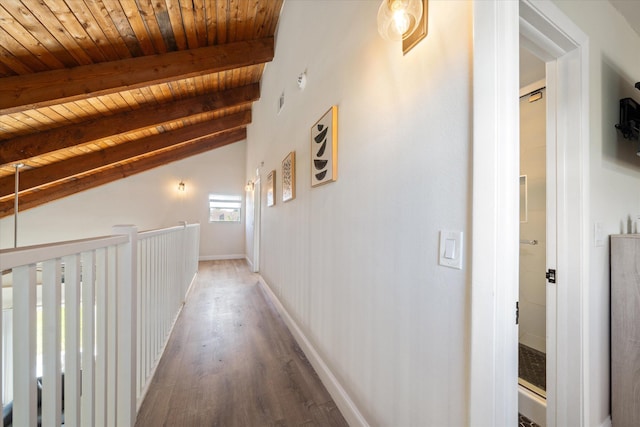 hallway featuring hardwood / wood-style floors, vaulted ceiling with beams, and wood ceiling