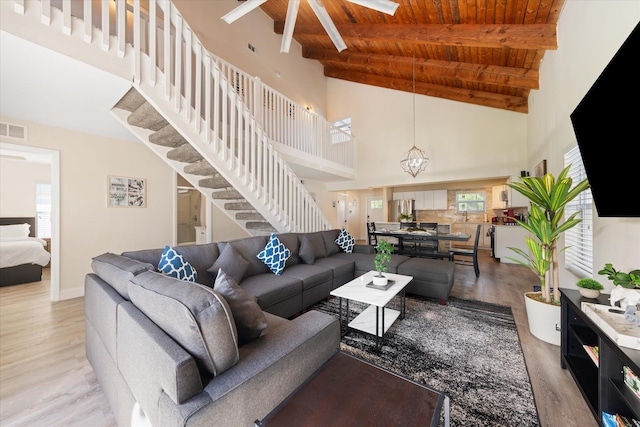 living room featuring wooden ceiling, beamed ceiling, wood-type flooring, high vaulted ceiling, and a notable chandelier