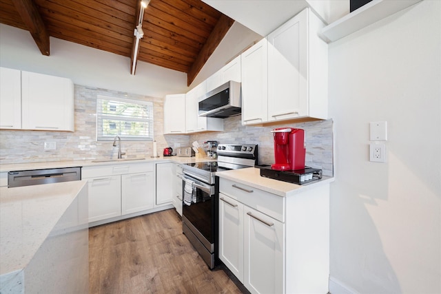 kitchen with sink, white cabinets, decorative backsplash, wood ceiling, and appliances with stainless steel finishes