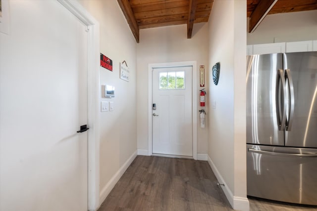 doorway to outside with lofted ceiling with beams, hardwood / wood-style floors, and wood ceiling