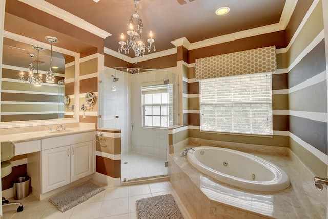 bathroom with tile patterned flooring, vanity, independent shower and bath, and ornamental molding