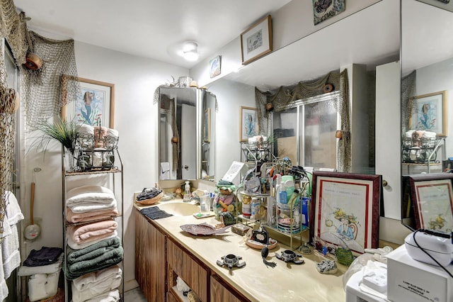 bathroom with a shower with door and vanity