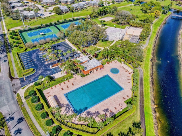 drone / aerial view featuring a water view