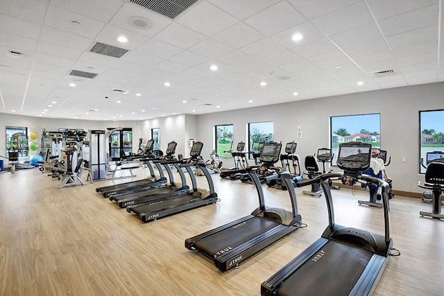 gym with a paneled ceiling and light hardwood / wood-style flooring