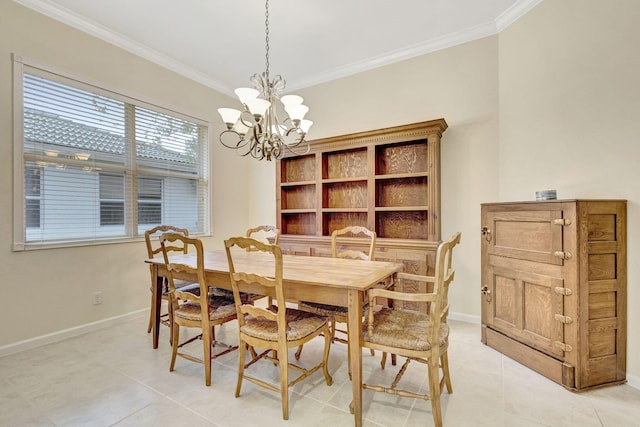 dining area with an inviting chandelier, light tile patterned floors, and ornamental molding