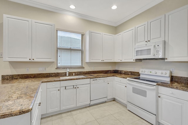 kitchen with crown molding, white appliances, sink, and white cabinets