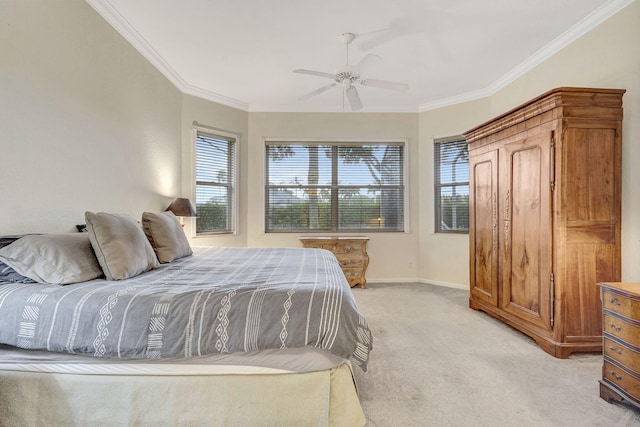 bedroom with crown molding, light carpet, and ceiling fan