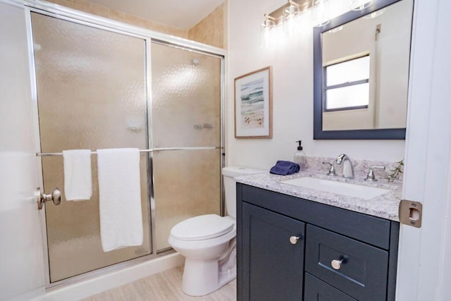 bathroom with a shower with door, vanity, and toilet