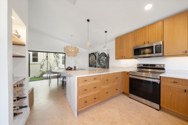 kitchen featuring kitchen peninsula, lofted ceiling, decorative light fixtures, light tile patterned floors, and appliances with stainless steel finishes