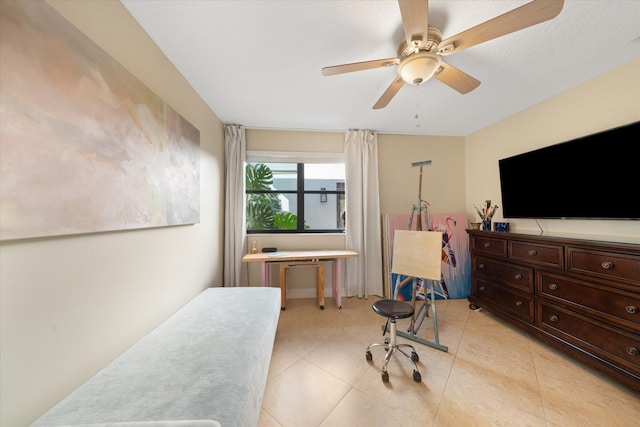 tiled office with ceiling fan