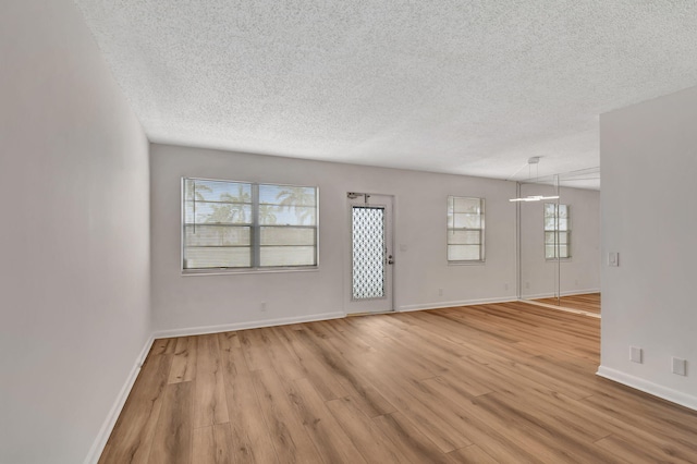 spare room with a healthy amount of sunlight, light hardwood / wood-style floors, and a textured ceiling