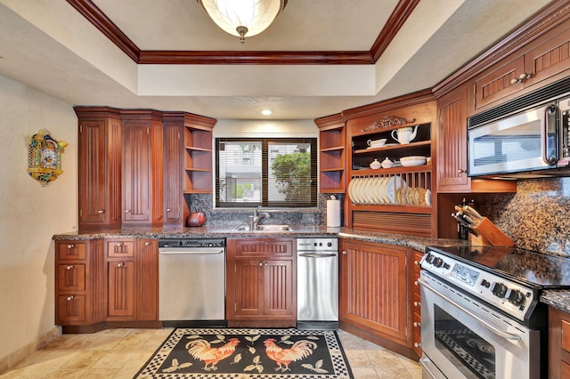 kitchen featuring decorative backsplash, sink, ornamental molding, and appliances with stainless steel finishes