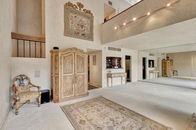 entryway featuring electric panel and a high ceiling