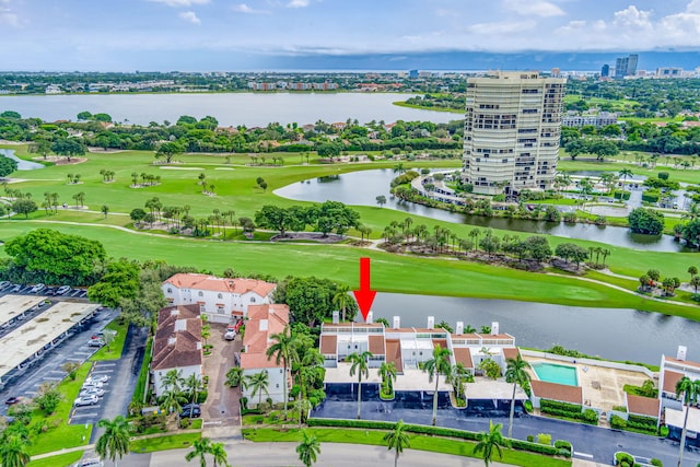 drone / aerial view featuring a water view