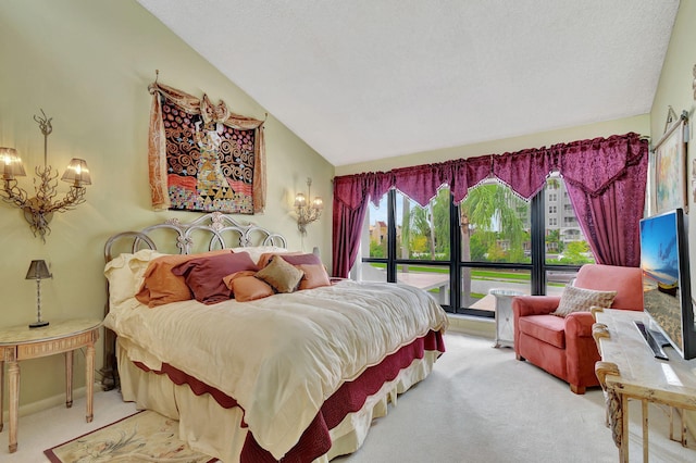 carpeted bedroom featuring access to exterior, a textured ceiling, and lofted ceiling