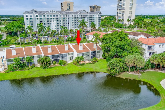 birds eye view of property featuring a water view