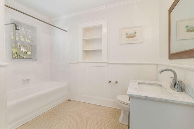 full bathroom featuring vanity, tiled shower / bath, tile patterned flooring, built in shelves, and toilet