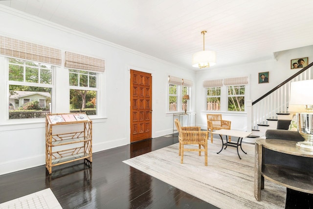 living area with ornamental molding and dark wood-type flooring