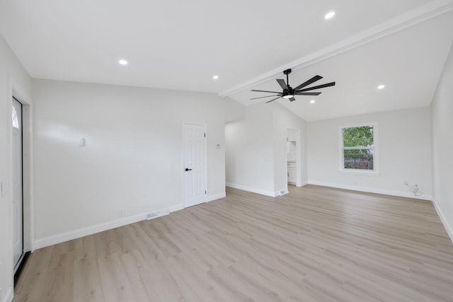 unfurnished living room with vaulted ceiling with beams, ceiling fan, and light wood-type flooring