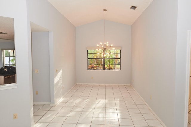 unfurnished dining area with lofted ceiling, light tile patterned floors, and a chandelier