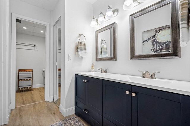 bathroom with vanity, wood-type flooring, and toilet