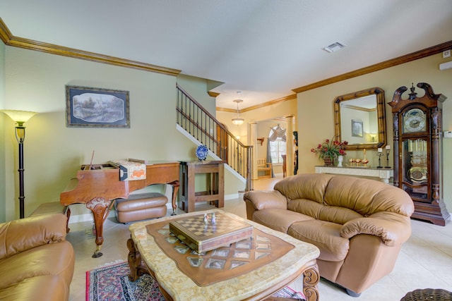 living room featuring light tile patterned floors and ornamental molding