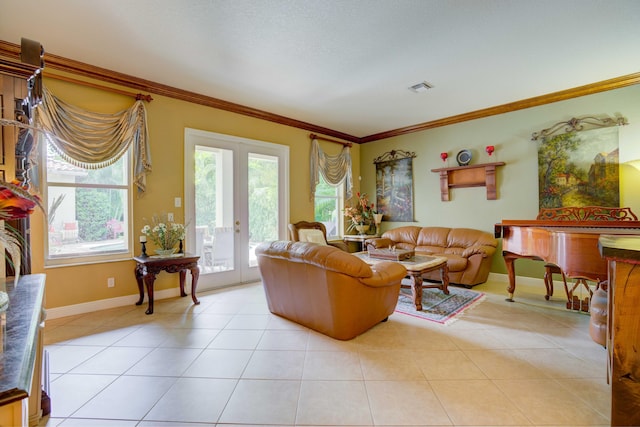 tiled living room with french doors, a textured ceiling, and ornamental molding