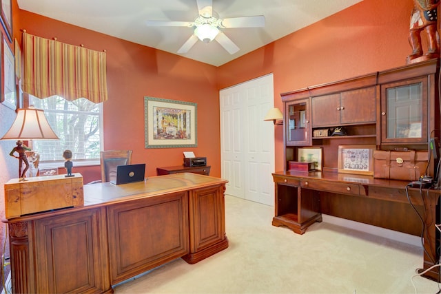 office area with light carpet and ceiling fan