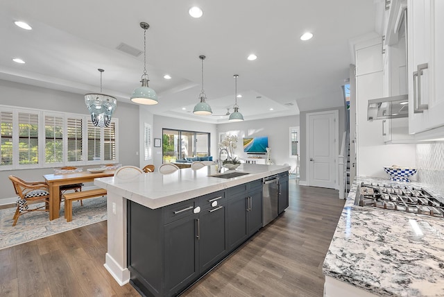 kitchen featuring stainless steel appliances, white cabinetry, a kitchen island with sink, and a tray ceiling