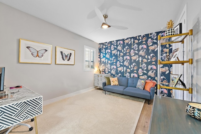 living room with hardwood / wood-style flooring and ceiling fan