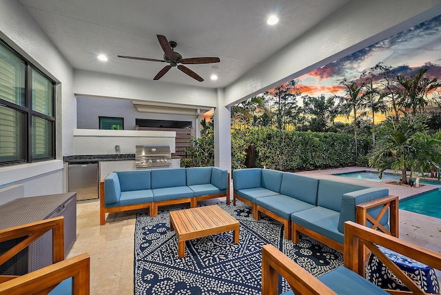 view of patio / terrace featuring outdoor lounge area, a fenced in pool, an outdoor kitchen, ceiling fan, and a grill