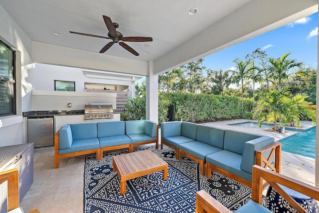 view of patio / terrace featuring a fenced in pool, an outdoor hangout area, area for grilling, ceiling fan, and a grill