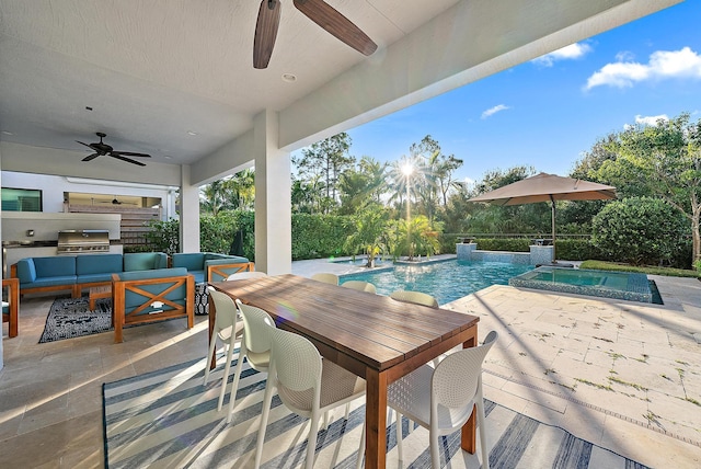 view of pool featuring outdoor lounge area, ceiling fan, an in ground hot tub, area for grilling, and a patio area