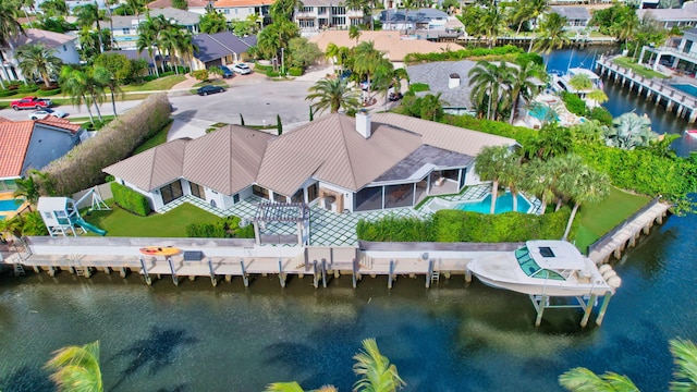 drone / aerial view featuring a water view