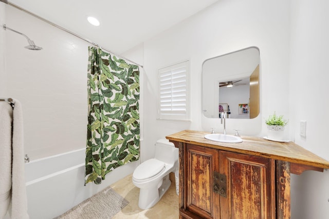 full bathroom with shower / tub combo, vanity, tile patterned flooring, and toilet