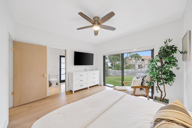 bedroom with ceiling fan, access to exterior, light hardwood / wood-style floors, and ensuite bath