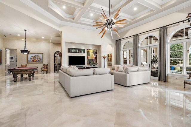 living area featuring arched walkways, a high ceiling, coffered ceiling, billiards, and marble finish floor