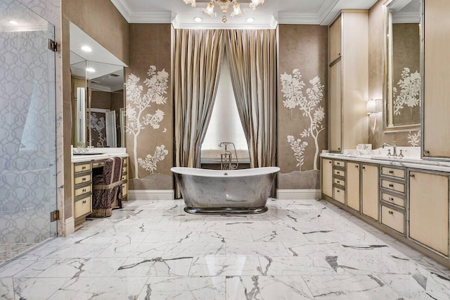 bathroom featuring marble finish floor, ornamental molding, a soaking tub, and vanity