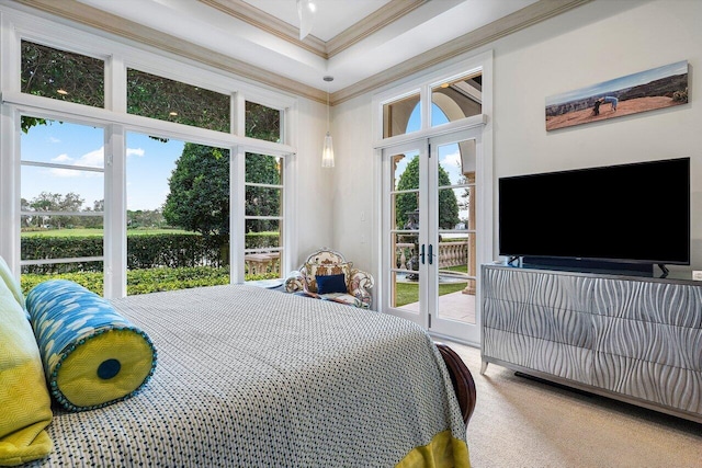 bedroom featuring access to exterior, carpet, and crown molding