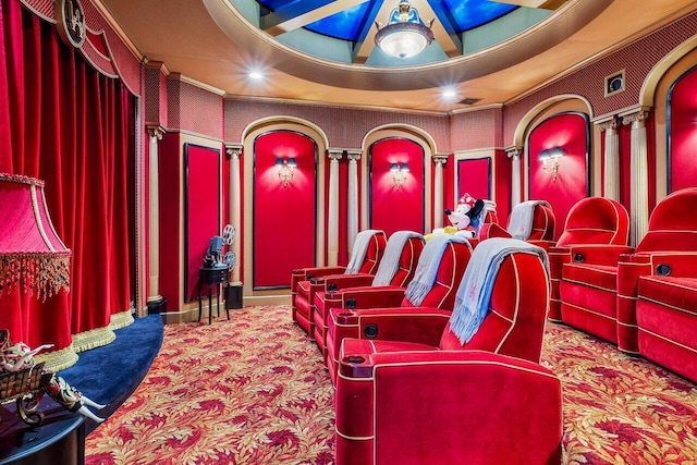 home theater room with ornamental molding, carpet, recessed lighting, and wallpapered walls