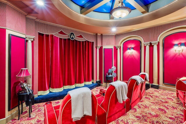 cinema room featuring beamed ceiling, ornate columns, crown molding, and coffered ceiling