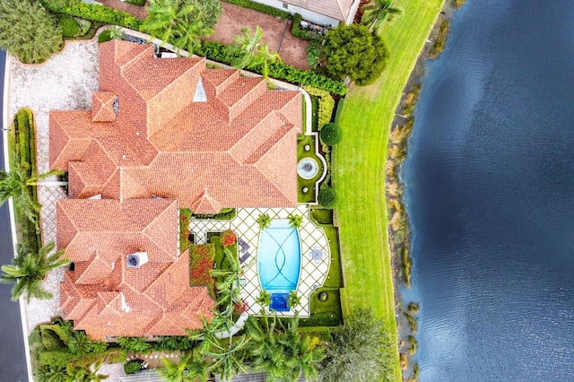 drone / aerial view featuring a water view