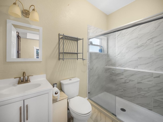 bathroom with vanity, toilet, and an enclosed shower