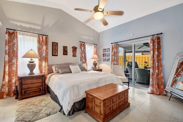 bedroom featuring access to exterior, multiple windows, lofted ceiling, and ceiling fan