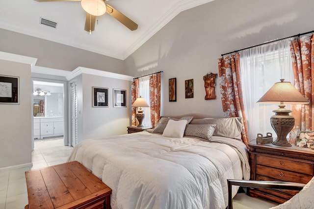 bedroom featuring connected bathroom, ceiling fan, high vaulted ceiling, light tile patterned floors, and ornamental molding