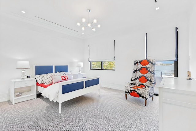 bedroom featuring a chandelier, light colored carpet, ornamental molding, and multiple windows